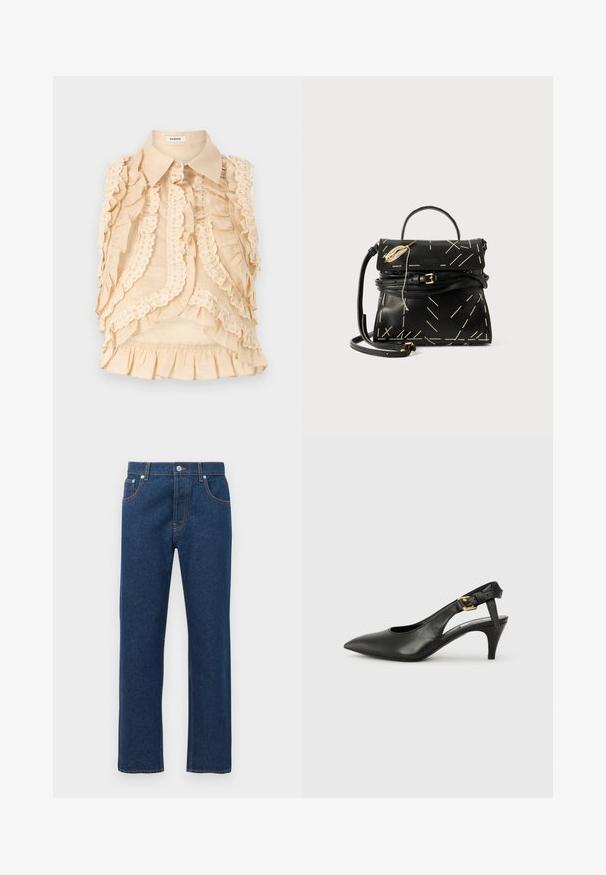 sandro CHEMISE - Užsagstoma palaidinė - beige; Tiesios kojų tamsiai mėlynos džinsinės kelnės su priekinėmis ir užpakalinėmis kišenėmis, diržo kilpomis, užsegimu mygtuku ir matomais oranžiniais siūlais.; Juodas odinis slingback kelnaitė su smailiu pirštu, mažu kulnu ir sagtimi ant kulkšnies dirželio. Lygus paviršius, minimalus dizainas.; Juodas odinis rankinė su geometrinėmis baltomis siūlėmis, viršutiniu rankenėle ir nuimamu peties diržu. Savybės - auksiniai akcentai ir užtrauktukas.