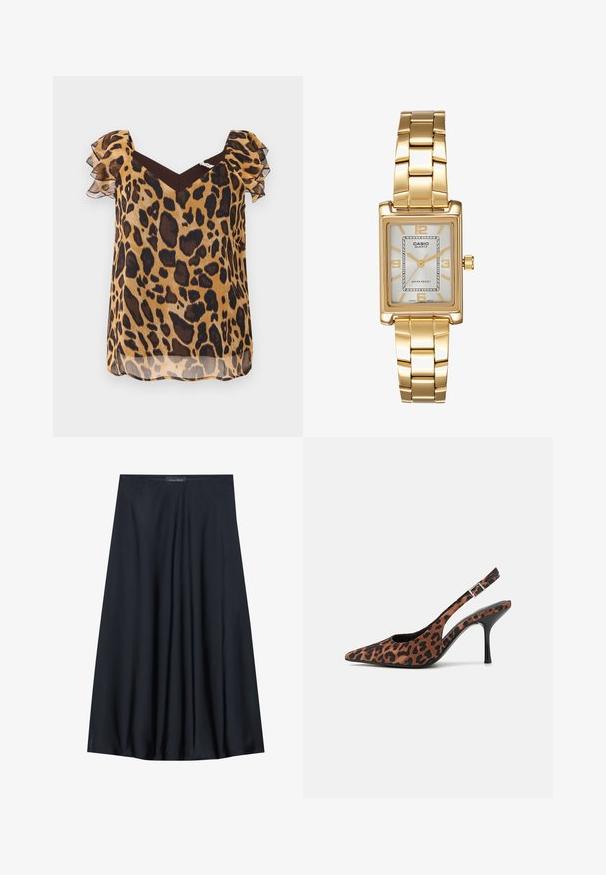 Bluză cu imprimeu leopard din material transparent, având mâneci scurte și volănașe, decolteu în V și un accent maro la umeri.; Fustă neagră, până la genunchi, fabricată dintr-un material ușor, cu un design fluid. Prezintă o textură netedă și pliseuri subtile pentru un detaliu suplimentar.; Sandale cu toc înalt din materiale cu imprimeu de leopard, cu vârf ascuțit, toc lucios negru și curea pentru gleznă ajustabilă. Material moale cu un finisaj texturat.; Ceas de mână rectangular cu nuanță aurie, cu un cadran alb, marcaje argintii pentru ore și o brățară din linkuri metalice durabile. Include caracteristica de rezistență la apă.