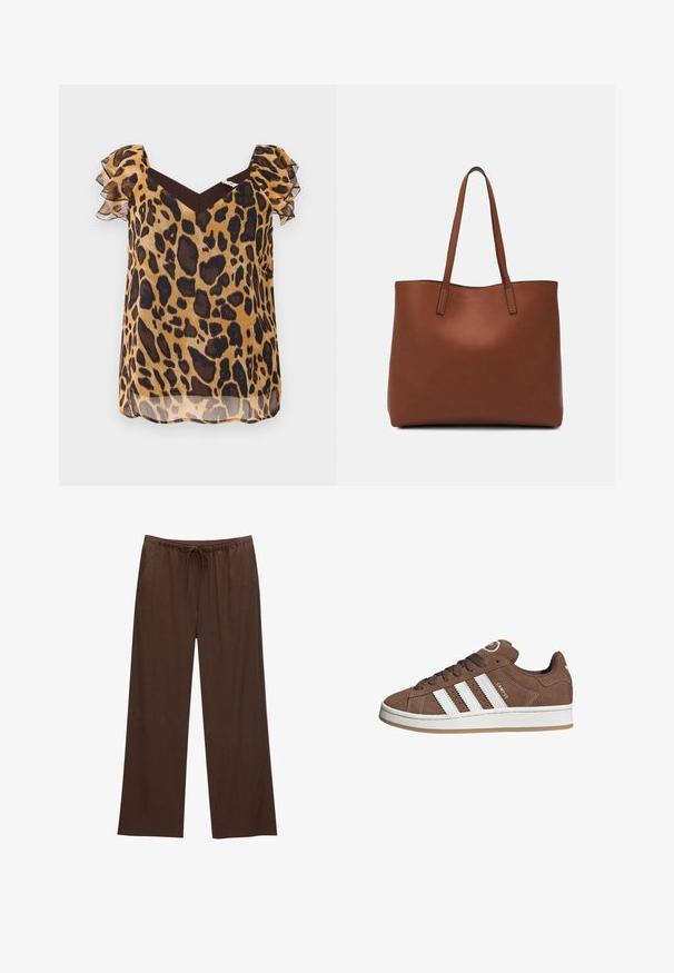 Leopardmönstrad blus i genomskinligt material, med korta volangärmar, en V-ringning och bruna detaljer vid axlarna.; Bruna vida byxor i mjukt tyg, med resårmidja och dragsko samt två sidofickor.; Bruna mockaskor med vita läderremsor, gummisula, rund tå och snörning framtill. Har en logotyp på tungan och perforerade detaljer.; Brun läder tote-väska med en slät textur, öppen toppdesign och två axelremmar. Har minimal söm och ingen synlig metalldetalj.