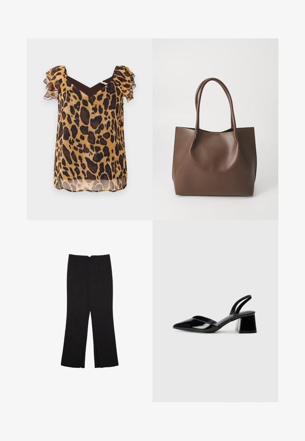 Blusa in fantasia leopardata in tessuto trasparente, caratterizzata da maniche corte a volant, scollatura a V e un accento marrone alle spalle.; Pantaloni neri a gamba dritta, con tasche frontali e spacchi laterali all'orlo. Realizzati in tessuto morbido e liscio. Adatti a diverse occasioni.; Décolleté in vernice nera con punta affusolata e tacco in geometria cubica. Presentano un design elegante e minimalista, con una texture liscia.; Borsa tote in pelle marrone con due manici lunghi, forma strutturata, superficie liscia e design minimalista. Nessun hardware o accento visibile.