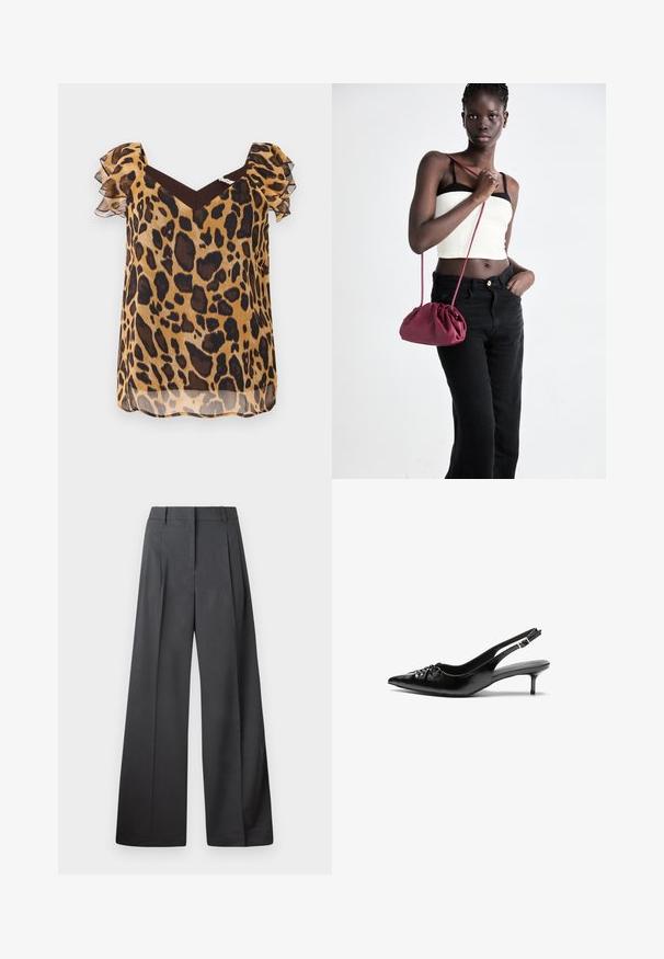 Bluză cu imprimeu leopard din material transparent, având mâneci scurte și volănașe, decolteu în V și un accent maro la umeri.; Pantaloni culți din țesătură gri închis, cu talie înaltă, pliuri simple și o textură netedă, cu o finisare curată la tivuri.; Cizme slingback din piele neagră, cu vârf ascuțit, toc mic de tip kitten heel și un detaliu decorativ sub formă de nod în față. Textură netedă pe întreaga suprafață.; Geantă dintr-un material moale de culoare burgundă, cu un design plisat și o curea lungă, purtată pe umăr. Modelul poartă un top alb scurt și blugi negri.