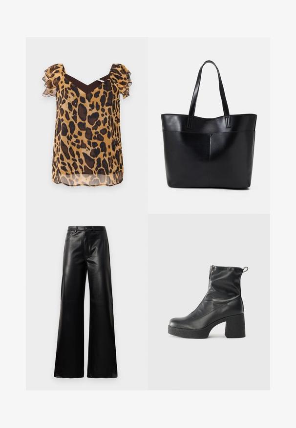 Leopardmönstrad blus i genomskinligt material, med korta volangärmar, en V-ringning och bruna detaljer vid axlarna.; Svarta högmidjade vida byxor i konstläder med framknapp, dragkedjestängning, bältesöglor och sidofickor på vit bakgrund.; Svarta ankelstövlar i slitstark läder, med sidodragkedja, kraftig strukturerad klack och rundad tådesign.; Svart läder tote-väska med två långa handtag, en slät yta och en strukturerad form. Har en framficka för extra förvaring.