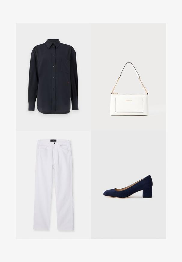 Juodas, ilgomis rankovėmis mygtukinis marškiniai su krūtine kišene ir raudonu akcentu. Pagamintas iš lygios medžiagos su klasikine apykakle ir mygtukų uždarymu.; Balti džinsai su tiesiu kirpimu, penkių kišenių dizainu ir priekiniais mygtukais. Ypatybė - lygus tekstūros paviršius ir matoma siuvimo dygsniai.; Tamsiai mėlynos zomšos bateliai su smailiu nykščiu ir vidutinio aukščio blokiniu kulnu. Lygi tekstūra su subtiliu blizgesiu ir mažas įpjovimas priekyje.; Balta odinė rankinė su tekstūruotu paviršiumi, turinti auksinį grandinėlės dirželį ir juodas detales. Įskaičiuota priekinė kišenė ir užtrauktuko uždarymas.