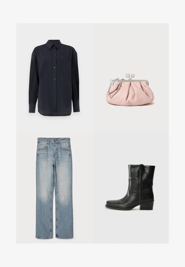 Black, long-sleeve button-up shirt with a chest pocket and red accent. Made from a smooth fabric with a classic collar and button closure.; Light blue denim jeans with a straight fit, featuring a high waist, five-pocket design, and subtle fading on the thighs and knees.; Black leather ankle boot with a rounded toe, block heel, side zipper, and stitching accents on the vamp. Smooth texture, classic design.; Pink leather clutch bag with a gathered design, metal frame, two round clasps, and a silver chain strap. Smooth texture, compact shape.