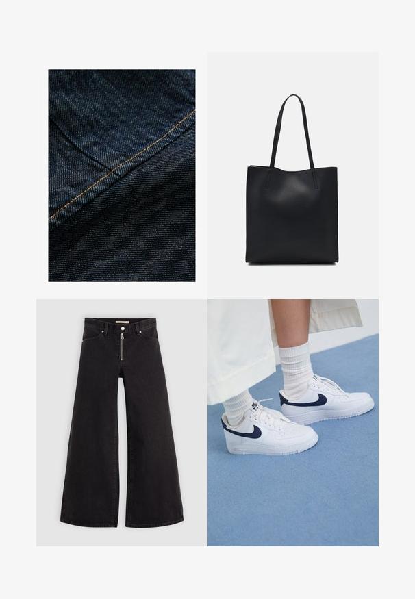 Ciemnoniebieska tkanina denimu z subtelną pionową teksturą, z pomarańczowymi szwami wzdłuż szwu dla podkreślenia.; Jeans o szerokich nogawkach w czarnym denienie z zamkiem błyskawicznym z przodu, pięcioma kieszeniami i subtelnymi detalami przeszycia. Gładka tekstura i swobodny styl.; Białe sneakersy Nike Air Force 1 z granatowymi akcentami, perforowaną noskiem, płaskimi sznurowadłami i gumową podeszwą, w połączeniu z prążkowanymi białymi skarpetami.; Czarna skórzana torba tote o gładkiej fakturze, prostokątnym kształcie i dwóch długich uchwytach. Brak widocznych elementów metalowych i ozdób.