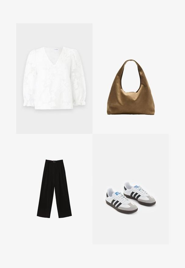 Hvid bluse med V-udskæring, struktureret blomsterdesign og puffede ærmer samlet ved manchetterne. Letvægtsstof, over hoften.; Sorte brede bukser med høj talje, der har et bælte i taljen og plisseringer for tekstur. Fremstillet af et glat, letvægtsstof.; Sportsko med en overdel i hvid læder, grå ruskind på tåen og tre sorte striber. Har et blåt logo på tungen og en struktureret gummisål.; Brun stof skuldertaske med en bred, rundet krop og et stort udsnit håndtag. Blød tekstur, minimalistisk design og ingen synlig hardware.
