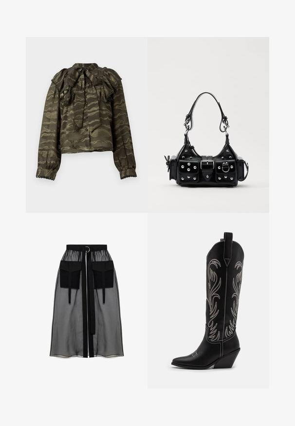 Sötétzöld blúz fodros gallérral, hosszú ujjakkal és gombos záródással. Lemezes arany mintázattal és dekoratív, pikkelyezett díszítésekkel a mandzsettákon.; Fekete áttetsző szoknya ráncolt derékrésszel, két nagy elülső zsebbel, derékpánttal és kör alakú fém díszítéssel.; Fekete bőr cowboy csizmák hegyes orral, wedge sarkakkal és ezüst hímzett virágmintákkal a szár mentén. Kontraszt varrás az egész csizmán.; Fekete bőr kézitáska ívelt designnal, ezüst szegecsekkel, csattal és két oldalsó zsebbel. Állítható vállpánt a hordozási lehetőségekhez.