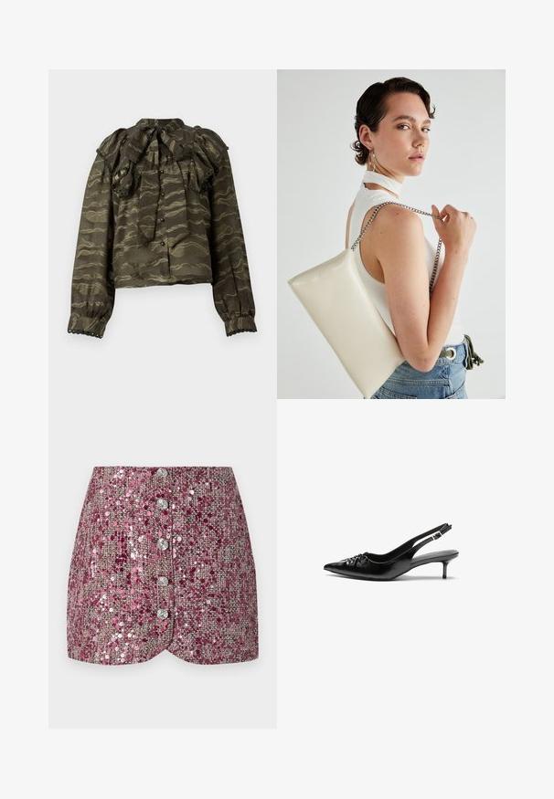 Ciemnozielona bluzka z falbaniastym kołnierzem, długimi rękawami i zapięciem na guziki. Posiada faliste złote wzory i dekoracyjne, falujące akcenty przy mankietach.; Różowa spódnica z cekinów o teksturowanym splocie, charakteryzująca się dopasowanym krojem i pięcioma srebrnymi guzikami z przodu. Uformowany dół i błyszczące akcenty.; Czarne skórzane szpilki na ramiączku z ostrym noskiem, małym słupkiem i ozdobnym węzłem z przodu. Gładka faktura na całej powierzchni.; Biała prostokątna kopertówka wykonana z błyszczącego materiału, z srebrnym łańcuszkiem. Modelka pozuje, prezentując torebkę na jednolitym tle.