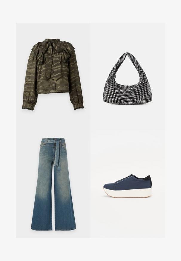 Dark green blouse with ruffled collar, long sleeves, and button closures. Features wavy gold patterns and decorative scalloped accents at cuffs.; Wide-leg denim trousers featuring a light to dark blue gradient, high waist, belt loops, and a matching fabric belt. Textured denim finish.; Navy blue sneaker with a textured fabric upper, white platform sole, rounded toe, and black heel accent. Features six eyelets for laces.; Black bag with a curved, hobo shape, textured fabric featuring silver studs. Singular top handle, zip closure, and soft silhouette.