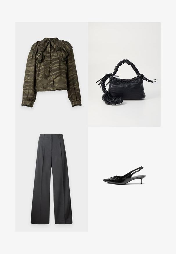 Blusa verde scuro con colletto a balze, maniche lunghe e chiusura con bottoni. Presenta motivi ondulati dorati e dettagli decorativi a bordi scallopati ai polsini.; Pantaloni a gamba larga in tessuto grigio scuro, con vita alta, pieghe singole e una texture liscia con una finitura pulita sui orli.; Tacchi slingback in pelle nera con punta affusolata, piccolo tacco kitten e un dettaglio a nodo decorativo sulla parte anteriore. Texture liscia su tutta la superficie.; Borsa a tracolla in ecopelle nera con texture a coccodrillo, apertura cinchata e tracolla arricciata. Si presenta con un design morbido e compatto.