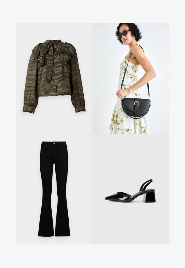 Blusa verde-escura com colarinho encaracolado, mangas longas e fechos de botão. Apresenta padrões ondulados em ouro e detalhes decorativos em forma de escalope nas mangas.; Jeans pretos de cintura alta com fecho de botão e zíper, bolsos frontais e pernas largas dispostos em cima de um fundo branco.; Sandy em verniz preto com salto slingback, ponta afilada e salto geométrico. Apresenta um design elegante e minimalista com textura suave.; Bolsa de couro preta com forma curva, alça destacável e detalhes em dourado. A bolsa possui uma aba com detalhe de fivela.