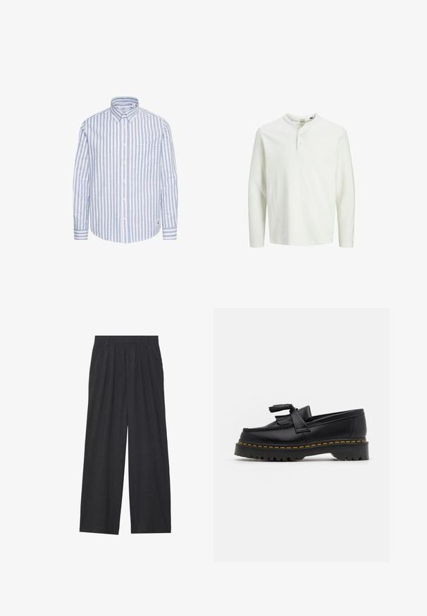 Matinique Overhemd - chambray blue; Witte lange mouwen henley shirt met drie knopen en een ronde halslijn, weergegeven op een effen witte achtergrond.; Wijd-uitlopende broeken van donkergrijze stof. Kenmerken zijn plooien bij de taille, een tailor-made ontwerp en een rechte silhouet.; Zwarte leren loafers met een franjesaccent, voorzien van een dikke zwarte zool en gele stiksels langs de rand. Gevoelige afwerking.