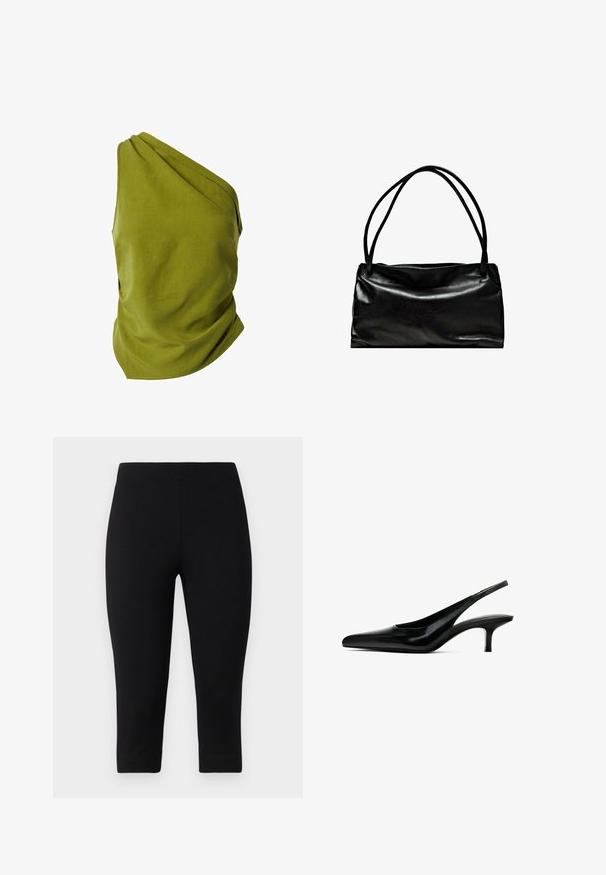 Asymmetrisches Top mit einseitigem Träger in Olivgrün, mit drapierter Gestaltung, glatter Textur und abgerundetem Saum.; Schwarze Capri-Leggings aus dehnbarem Material, die eng anliegen und eine glatte Textur aufweisen, ohne auffällige Muster oder Akzente.; Schwarzer Slingback-Schuh mit spitzem Zehenbereich, glänzender Lederoberfläche und dünnem, niedrigem Absatz. Verfügt über einen Ausschnitt an der Seite für Atmungsaktivität.; Schwarze Lederhandtasche mit einer glatten Oberfläche, rechteckiger Form und zwei langen Griffen. Einfaches Design ohne sichtbare Beschläge oder Verzierungen.