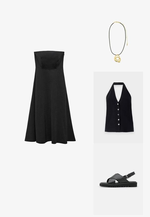 Black ribbed halter top featuring a deep V-neckline and six buttons in varying colors along the front. Smooth texture, fitted design.; Black strapless dress with a fitted bodice and flared, floor-length skirt. Made from smooth fabric with no visible patterns or accents.; Black leather sandals featuring a cross-strap design, adjustable buckle, and textured sole with ridges for grip.; Black leather bucket bag with drawstring closure, featuring a glossy "CK" logo on the front and gold-tone hardware accents.; Pilgrim UNFOLD - Necklace - gold