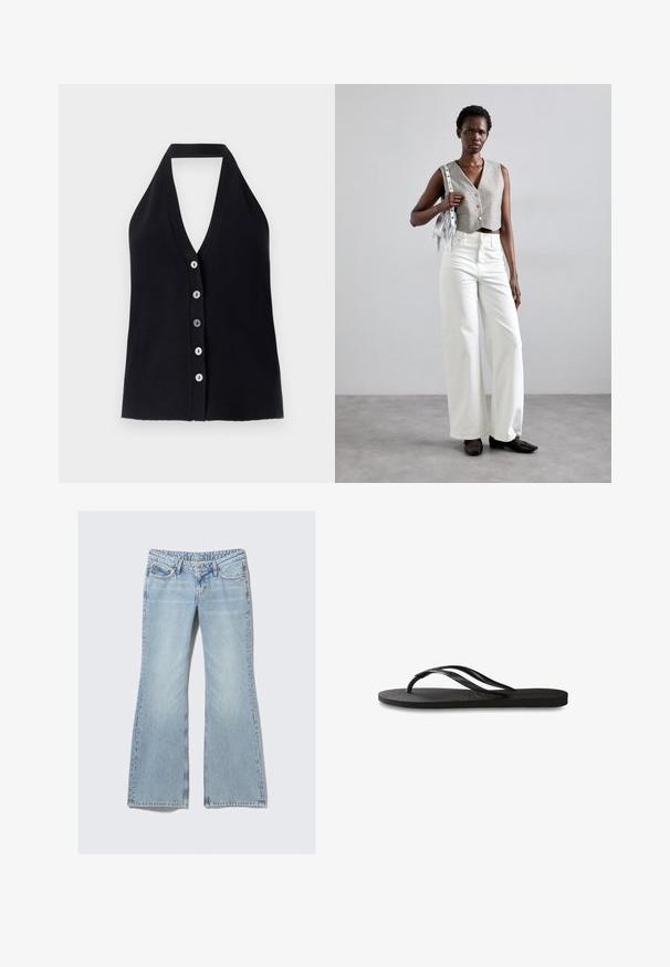 Must mustribalise halter top, mille sügava V-kaelusega ja kuue erineva värviga nupuga esiosas. Sile tekstuur, tihe disain.; Weekday NOVA - Liibuvad teksad - lip blue; Mustad mustes suss, millel on tekstureeritud kummist põhi, kaks peenikest rihma ja tagasihoidlik, reljeefne logo detail rihmal.; Hallitatud hall vest nööpidega, koos valgete laia säärega teksade ja mustade lameda tallaga kingadega. Kaunistatud väikese hõbedase frantsiisiga kotiga.