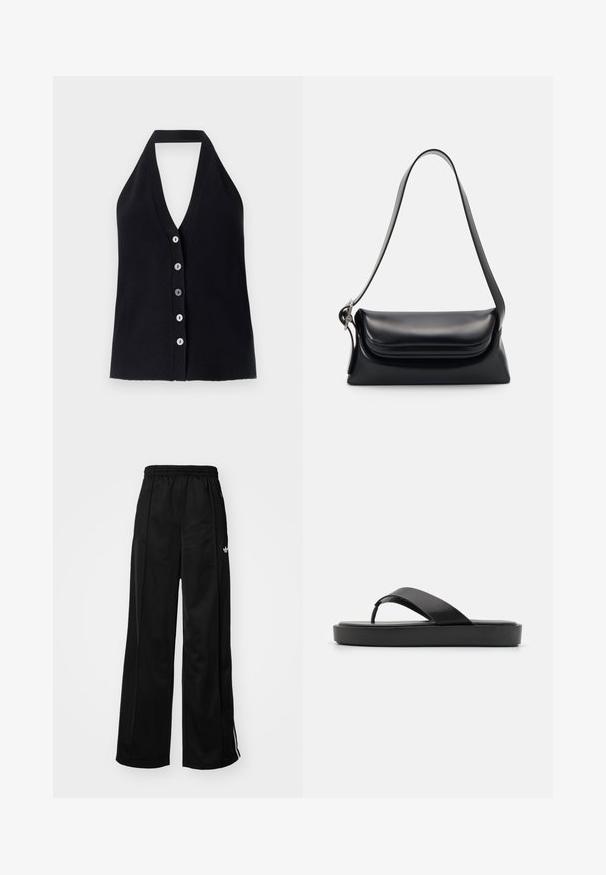 Black ribbed halter top featuring a deep V-neckline and six buttons in varying colors along the front. Smooth texture, fitted design.; Black wide-leg track pants with an elastic waistband, featuring white side stripes and a small logo on the left hip. Smooth fabric texture.; Black flip-flop sandals with a smooth upper strap and a textured platform sole. Minimalist design with a low-profile silhouette.; Black leather handbag with a structured shape, a smooth texture, and a single shoulder strap. Features a subtle, rounded flap design.