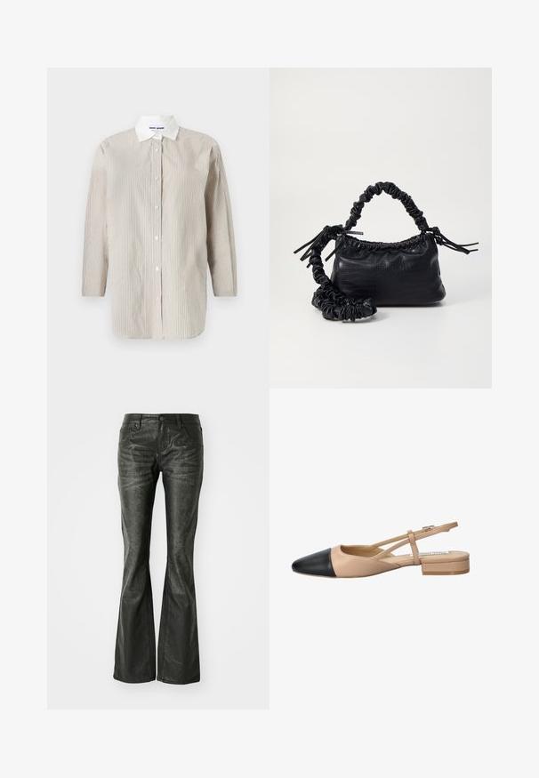 Juostuota ilgomis rankovėmis marškiniai pagaminti iš lengvos medžiagos, su baltu apykakle ir mygtukų užsegimu, su vertikaliomis smėlio spalvos ir pilkomis juostelėmis.; Juodos dirbtinės odos flared džinsai su priekinėmis kišenėmis, metaliniu mygtuko uždarymu ir šiek tiek tekstūruota paviršių. Tiesūs džinsai su ilgu kirpimu.; Kreminė ir juoda dviejų tonų slingback avalynė su smailiu pirštu, plokščiu kulnu ir kryžminiu dirželiu. Lygaus odos paviršius.; Juodas dirbtinės odos rankinė su krokodilo tekstūra, sušnibždinta viršuje ir susikraipytu dirželiu. Atrodo minkšta ir kompaktiška.