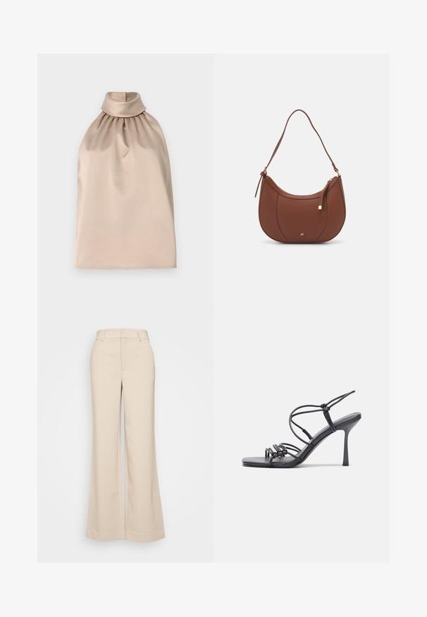 Beige-halter-top, jossa on korkea kaula-aukko ja rypistetty kangas, valmistettu sileästä, satiinimaisesta materiaalista. Tässä on rento siluetti.; Beige levelek pantsa, jotka ovat sileätekstuuriset ja joissa on korkea vyötärö sekä kaksi etutaskua. Siisti muotoilu ja istuva malli.; Mustat korkokengät sandaalit, joissa on ohuet hihnat solmittuna, sileä neliön muotoinen varvasosa ja tyylikäs stiletto-korko.; Ruskea keinonahkainen olkalaukku, jossa on kaareva muoto, minimaalinen ompelu ja kultasävyinen varuste. Varustettu ylhäältä avautuvalla vetoketjullisella suljennalla ja säädettävällä hihnalla.