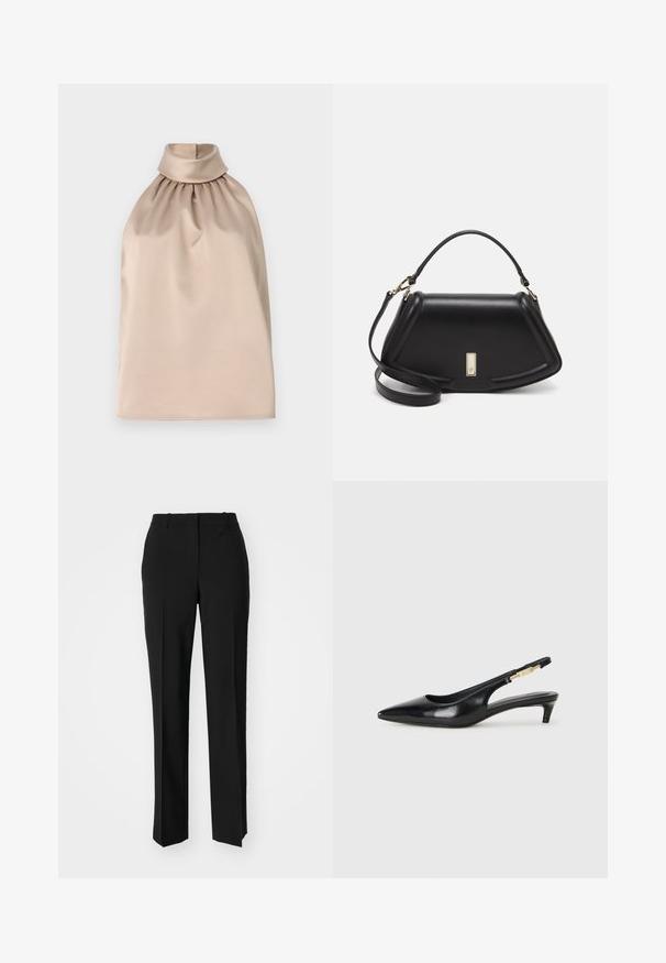 Beige halter top with a high neckline and gathered fabric, made from smooth, satin-like material. Features a relaxed silhouette.; Black tailored trousers with a straight-leg design, featuring a smooth texture and crisp creases along the front. No visible hardware.; Black leather slingback heels with a pointed toe, featuring a slim heel and a gold-tone accent on the adjustable strap. Smooth texture.; Black leather handbag with a structured design, featuring a cropped shape, top handle, and gold hardware accent. Adjustable shoulder strap included.