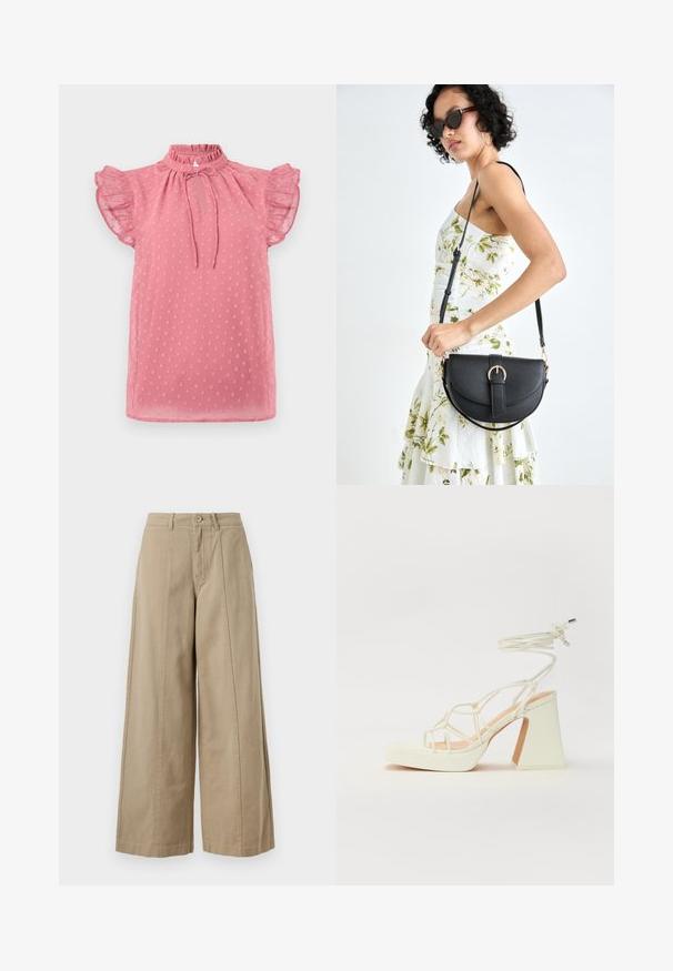 Ružový top s krátkym rukávom vyrobený z textúrovanej látky s bodkami. Má vysoký volánikový výstrih a viazanie vpredu.; Bežové nohavice s širokými nohavicami vyrobené z pevných bavlnených materiálov, s gombíkovým zapínaním, pútkami na opasok a čistými prednými skladmi bez viditeľných vreciek.; Biele sandále na vysokom opätku s hrubým podpätkom, s pruhovaným dizajnom a viazaním na členku. Hladký povrch s platformou vpredu pre zvýšenú výšku.; Čierna kožená kabelka s zaobleným tvarom, odnímateľným popruhom a zlatými doplnkami. Kabelka má klopu s detailom s prackou.