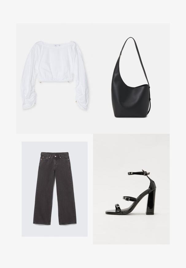 Baltas trumpas palaidinukas su ilgomis pūstomis rankovėmis, turi elastingas rankogalius ir susiraukšlėtą juosmenį. Pagamintas iš lygios, lengvos medžiagos.; Platus kojų džinsai, pagaminti iš tamsiai pilko džinsinio audinio. Ypatybės: aukšta talija, vario spalvos detalės ir klasikinis penkių kišenių dizainas.; Juoda blizgi lakuota basutė su kvadratiniu pirštu, kulkšnies dirželiais ir sidabro sagtimis. Yra tvirta blokinė kulno konstrukcija, užtikrinanti stabilumą.; Juodas odinis hobo maišas su lygiu paviršiumi, kreipta forma ir viena reguliuojama rankena; turi platų atidarymą viršuje.