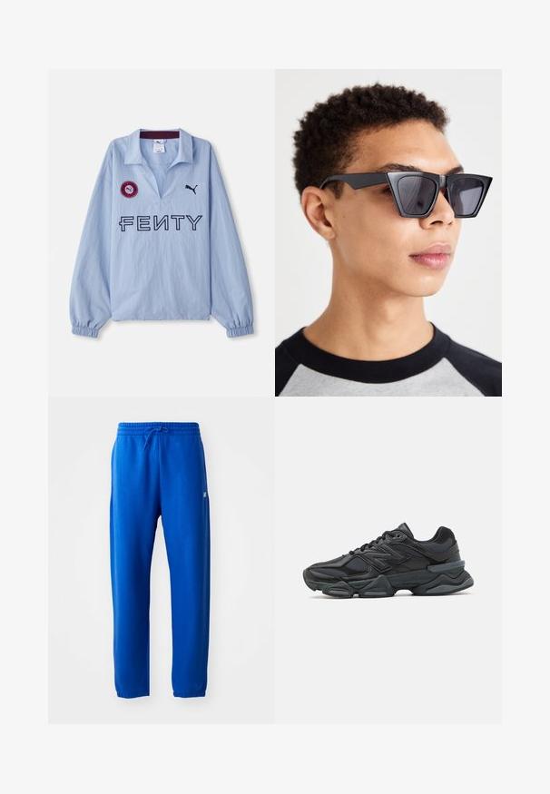 Camicia a maniche lunghe azzurro chiaro con colletto ripiegato, logo "FENTY" e una toppa rotonda rossa con un logo, progettata da Puma.; Pantaloni sportivi blu realizzati in tessuto morbido, con vita elasticizzata e cordino, gambe affusolate e un piccolo dettaglio del logo sul lato.; Scarpa da corsa nera con una combinazione di materiali in rete e sintetici, suola spessa, design curvo e marchio ben visibile sul lato.; Occhiali da sole neri angolari con lenti scure, caratterizzati da un audace design geometrico e una finitura opaca. Indossati da una persona con capelli corti.