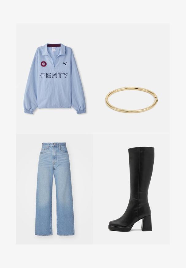 Hellblaues Langarmhemd mit umgeschlagenem Kragen, "FENTY"-Logo und einem runden roten Patch mit einem Logo, entworfen von Puma.; Hellblaue High-Waist-Weite-Leg-Jeans mit Knopf- und Reißverschluss vorne, Vorder- und Rückentaschen, auf weißem Hintergrund.; Anna Field High Heel Stiefel - black; Goldene Armreif mit einer glatten, glänzenden Oberfläche, runder Form und einem dezenten Verschlussdetail.