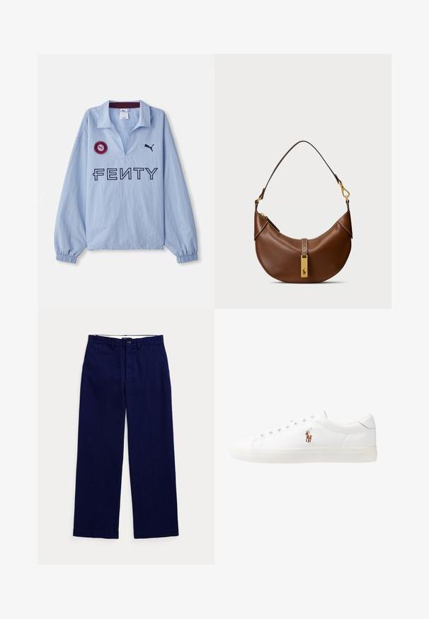 Camisa de manga larga azul claro con cuello doblado, logo de "FENTY" y un parche redondo rojo con un logo, diseñada por Puma.; Pantalones de pierna recta azul marino con trabillas, cierre de botón y bolsillos laterales sobre un fondo claro.; Zapatillas de cuero blancas, diseño de corte bajo, con una textura suave, puntera redonda, cordones en la parte delantera y un pequeño logo bordado en el lateral.; Bolso de hombro de piel marrón con forma curva, herrajes dorados, detalle de cierre en la parte superior y un acento de logo. Textura suave con bordes cosidos.