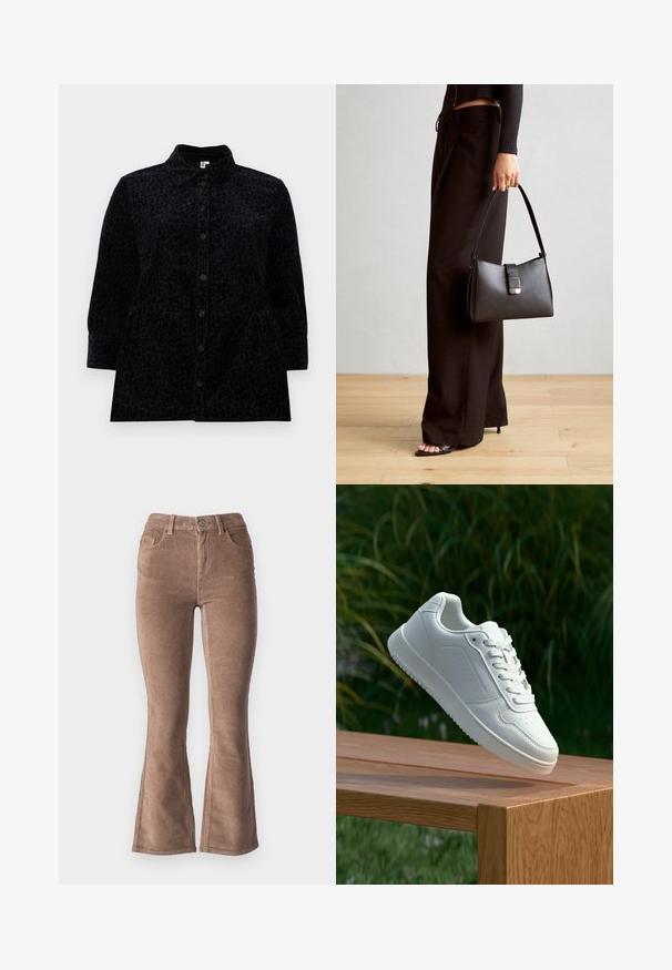 Cămașă neagră cu nasturi, cu un imprimeu leopard subtil, având guler, mâneci lungi și o siluetă ușor evazată, dotată cu buzunare laterale.; Pantaloni evazați din catifea mare maro, cu o textură în pânză, având talie înaltă, cinci buzunare și închidere cu buton în față.; Sneaker alb cu un upper sintetic neted, cu vârf perforat, șireturi plate și o talpă texturată, expus pe o suprafață de lemn.; Genți negre cu o formă structurată, textură netedă și un închizător metalic. Asortată cu pantaloni negri largi și sandale cu vârf deschis pe un podea din lemn.