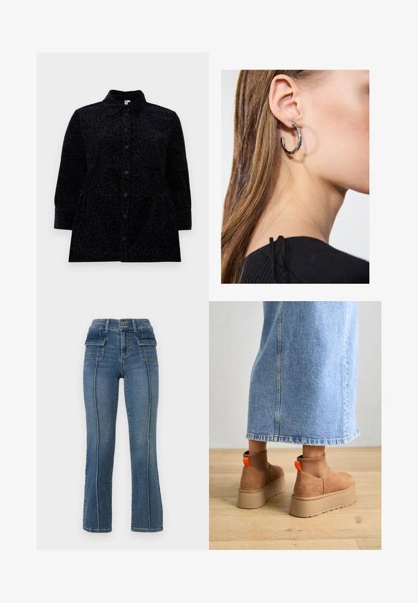Svart skjorte med knapp foran og en subtil leopardprint, med krage, lange ermer, og en lett utsvingt silhuett med sidelommer.; ONLY Petite ONLWAUW MID WAIST FLARED - Flared jeans - medium blue denim; Brune semska plattformstøvler med elastiske sidepaneler og orange rekkehalser, parret med en knelange lys denimskjørt på et tregulv.; Sølv ringøredob med en polert finish, med små gull detaljer og en rund form, båret på øreflippen.
