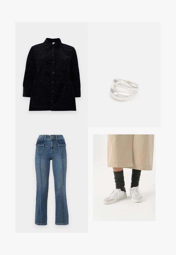 Melna krekla ar smalku leoparda rakstu, kuram ir apkakle, garas piedurknes un nedaudz izplestā siluets ar sānu kabatām.; ONLY Petite ONLWAUW MID WAIST FLARED - Džinsi ar paplatinātiem galiem - medium blue denim; Baltas un pelēks sneakers ar melnu papēža akcentu, ar gludu ādas virsu un teksturētu zamšu purngali. Nēsāti ar tumši pelēkām, vaļīgām zeķēm.; Sudraba divu joslu gredzens ar gludu, pulētu virsmu. Iezīmējas ar plūstošu, izliekta dizaina struktūru ar pārklājošām sekcijām modernam izskatam.