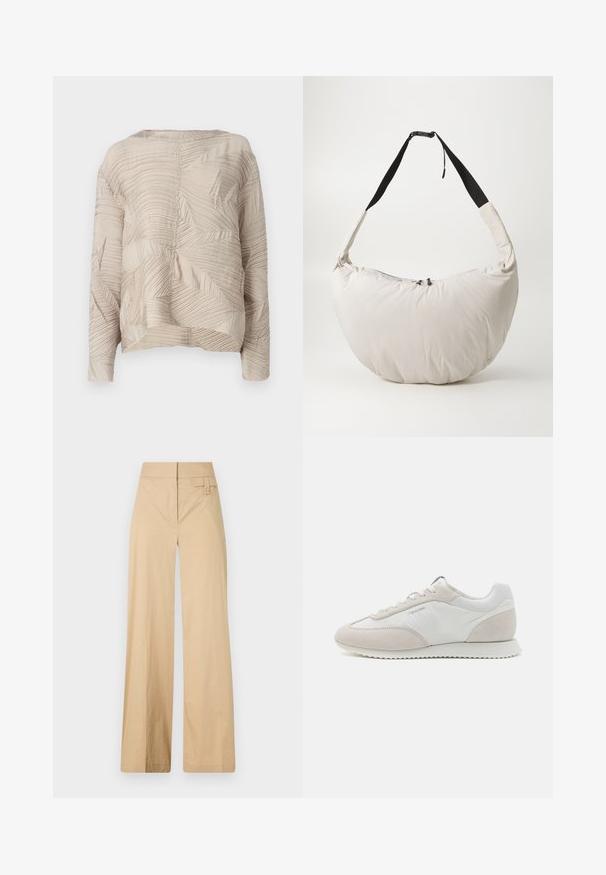 Beige langermet topp med teksturert stoff som har bølge- og bladlignende mønstre, rund halslinning og avslappet passform.; Beige vidje bukser laget av bomullsblandingsmateriale. Har en jevn tekstur, elastisk midjebånd og en sideknappdetalj.; Lyse fargede sneakers laget av en blanding av hvitt skinn og beige semsket skinn, med en teksturert såle og minimal branding på siden.; Lys beige polstret skulderveske med en buet, halvmåneform. Svart stropp, glidelås-lukking, og subtil logo foran. Myk tekstur.