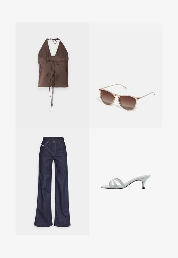 Smeđa halter top bluza od glatkog materijala, s dubokim V-izrezom, podešavajućim trakama na vezanje i detaljem s prednje strane za prilagođeni izgled.; Tamno plave široke traperice s visokim strukom, izrađene od denim tkanine, s narančastim šavovima, pet džepovima i kopčanjem na dugme.; Svijetlosive sandale s potpeticama i tri ukrštavajuće trake, vitkog profila i sužene pete. Glatka tekstura s blago sjajnim finishem.; Smeđe gradient sunčane naočale s prozirnim ružičastim okvirom, kvadratnog oblika i tankim metalnim ručkama. Imaju zaobljene ivice i minimalne detalje.