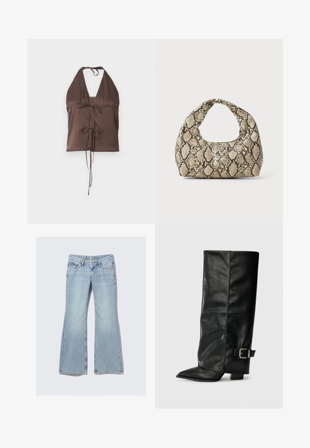 Brauner Haltertop aus glattem Material, mit tiefem V-Ausschnitt, verstellbaren Krawatten-Trägern und einem frontalen Krawatten-Detail für eine figurbetonte Passform.; Weekday NOVA - Jeans Slim Fit - lip blue; Schwarze Lederstiefeletten in Knöchellänge mit spitzem Zehenbereich, glatter Oberfläche und silberner Schnallenakzent an der Seite. Massiver, quadratischer Absatz.; Schlangenmuster-Tasche mit einem gebogenen Griff. Hergestellt aus strukturierten, beige- und braunfarbenen Materialien, die ein markantes Diamantmuster aufweisen.