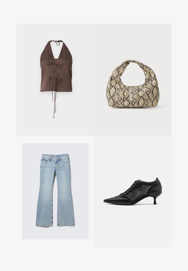 Rjav halter top iz gladkega blaga, z globokim V-izrezom, nastavljivimi vezalkami in detajlom vezanja spredaj za prilagojen videz.; Weekday NOVA - Kavbojke slim fit - lip blue; Črne čevlje z ostro nosom, zasnovane z mrežnim panelom, z nizko peto in vezalkami spredaj. Narejeni so iz kombinacije usnja in mrežnega materiala.; Torba z vzorom kače s ukrivljenim ročajem. Narejena iz teksturiranih, bež in rjavih materialov, ki imajo značilen diamante vzorec.