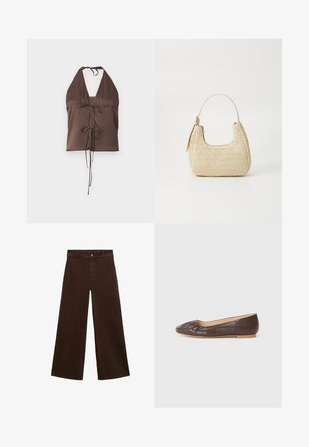 Brązowy top na szyi wykonany z gładkiego materiału, z głębokim dekoltem w kształcie litery V, regulowanymi trokami oraz z detalem wiązania z przodu dla dopasowanego wyglądu.; Brązowe spodnie o szerokich nogawkach z mieszanki bawełny, z postrzępionym dołem, przednim zapięciem na guzik i klasycznym pięciopocketowym wzorem. Minimalistyczne i uniwersalne.; Brązowe baleriny ze skóry, z okrągłym noskiem, marszczeniem z przodu i jasną, płaską podeszwą.; Torebka z plecionego słomy w odcieniu beżowym o zaokrąglonym kształcie, z krótkim uchwytem i bocznym zamkiem błyskawicznym. Posiada teksturowaną powierzchnię i minimalistyczny design.