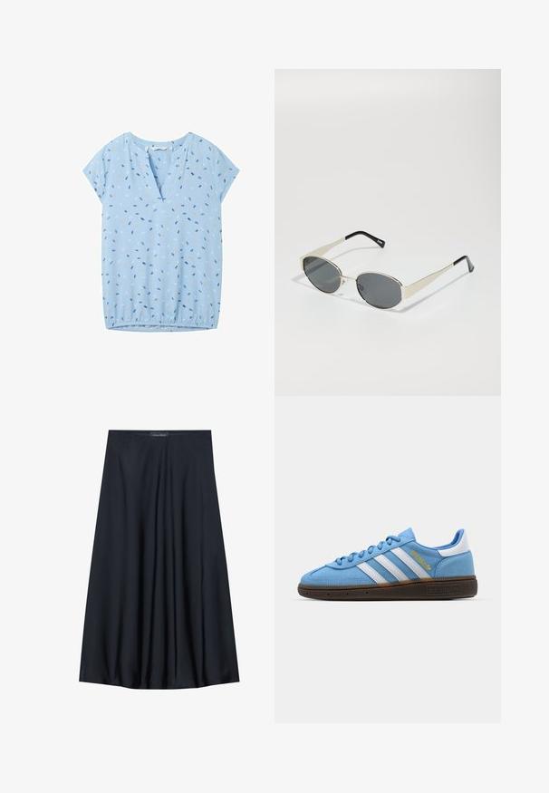 TOM TAILOR Blus - blue multicolor minimal; Svart, knälång kjol i lättviktsmaterial med ett flowy design. Har en mjuk textur och subtila veck för extra detalj.; Ljusblå mockaskor med vita läderränder, en brun strukturerad sula och detaljer i guld. Lågdesign med rund tå.; Solglasögon med ovala grå linser, silverfärgad metallram och svarta detaljer på skalmarna. Har en elegant design och minimal hårdvara.