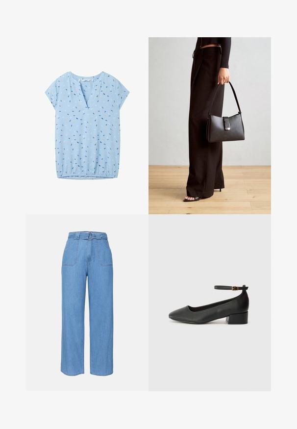 TOM TAILOR Bluse - blue multicolor minimal; Hellblaue Denim-Weite-Hosen mit einem Gürtelbund, zwei Fronttaschen und einer schlichten Textur. Sie verfügen über ein minimalistisches Design und klare Linien.; Schwarze Lederpumps mit spitzem Zehenbereich und niedrigem Blockabsatz. Mit einem Knöchelriemen und einer goldfarbenen Schnalle. Glatte Textur.; Schwarze Handtasche mit strukturierter Form, glatter Textur und einem metallischen Verschluss. Kombiniert mit weiten schwarzen Hosen und offenen Sandalen auf einem Holzboden.
