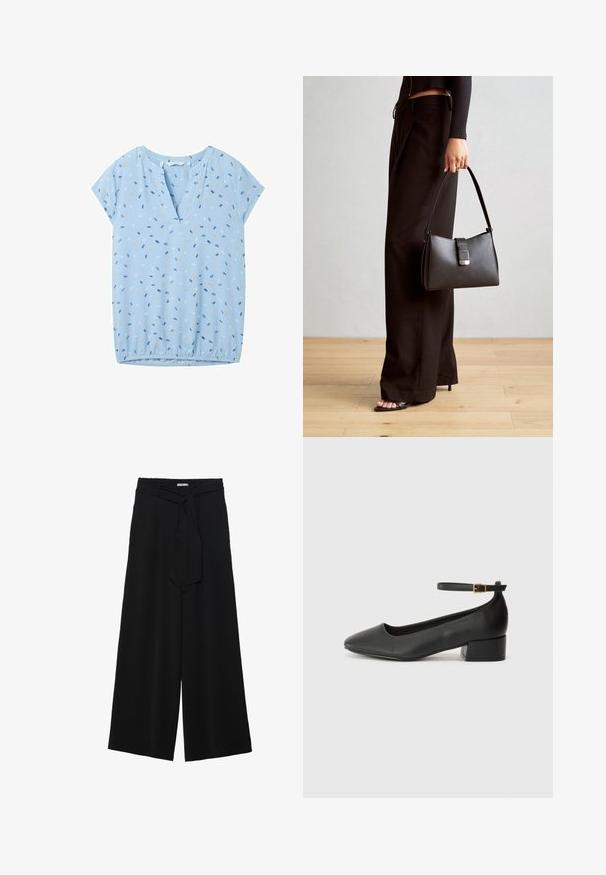 TOM TAILOR Blouse - blue multicolor minimal; Black wide-leg pants featuring a textured fabric, an elastic waistband, and a detachable sash tie at the waist for adjustable fit.; Black leather pump with a pointed toe and a low block heel. Features an ankle strap with a gold-tone buckle. Smooth texture.; Black handbag with structured shape, smooth texture, and a metallic clasp. Paired with wide black pants and open-toe sandals on wooden floor.