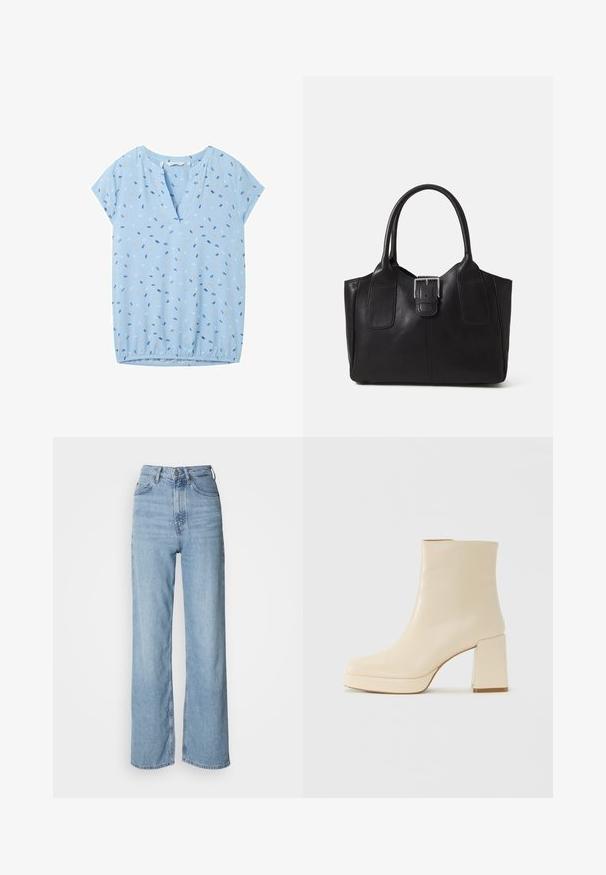 TOM TAILOR Bluse - blue multicolor minimal; Hellblaue hochgeschnittene Jeans mit geradem Bein, aus Denim gefertigt, mit einem Frontknopfverschluss und dezenten Verblassungen.; Beige Leder-Stiefelette mit Blockabsatz und Plateau-Sohle, glatte Oberfläche und leicht quadratische Zehenpartie, nach links auf weißem Hintergrund.; Schwarze Leder-Tote mit glatter Textur, strukturiertem Design, zwei Griffen und einem auffälligen silbernen Schnallen-Detail auf der Vorderseite.