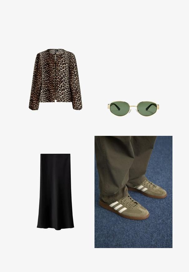 Kabát s leopardím potiskem vyrobený z měkké tkaniny, s kulatým výstřihem, dlouhými rukávy a zapínáním na knoflíky se plochými mašlemi.; Černá midi sukně vyrobená z hladkého, lehkého materiálu. Disponuje rovný střihem, bez viditelné kovové části a jednoduchým designem bez vzorů.; Zelené semišové tenisky se třemi bílými pruhy, hnědou gumovou podrážkou a texturovanými tkaničkami, spárované s olivově zelenými kalhotami na modrém koberci.; Sluneční brýle s metalickým zlatým rámem, zelenými skly, oválného tvaru, s černými stranicemi a průhlednými nosními podložkami. Čistý, minimalistický design.