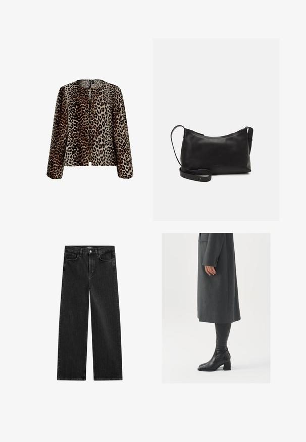 Giacca con stampa leopardata realizzata in un tessuto morbido, con scollatura rotonda, maniche lunghe e chiusura frontale a bottoni con fiocchi piatti.; Jeans in denim nero a gamba larga con un sottile motivo a righe verticali, dotati di cinque tasche e una chiusura a bottone classica in vita.; Cappotto grigio su misura con taglio dritto; abbinato a stivali in pelle nera al ginocchio con punta quadrata e tacco grosso.; Borsa a spalla in pelle nera con una texture liscia, forma curva, tracolla regolabile e chiusura con zip. Design minimalista senza ornamenti.