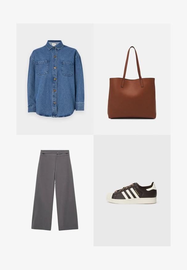 Cămașă din denim de culoare albastru mediu, cu un sistem de închidere cu butoane pe față, două buzunare pe piept și guler. Mâneci lungi cu manșete cu butoane.; Pantaloni largi dintr-un material gri închis cu o textură netedă, având o talie cu curea și un design minimalist.; Pantof sport Adidas Superstar cu model slip-on, din piele maro închis, cu vârf shell crem, dungi albe și inscripția „Superstar” pe lateral.; Geantă de umăr din piele maro cu o textură netedă, design cu vârf deschis și două curele pentru umăr. Prezintă cusături minime și fără componente metalice vizibile.