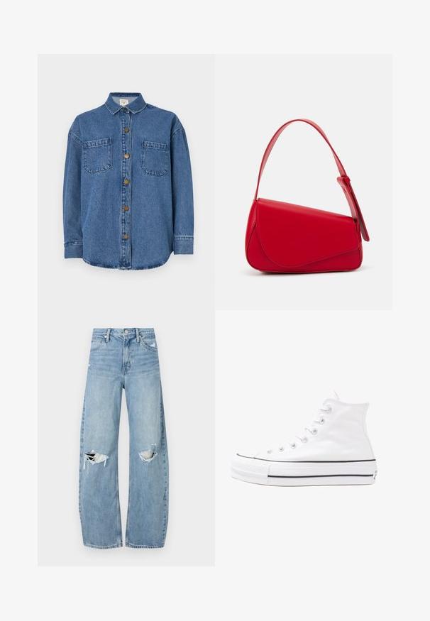 Denim shirt in medium blue, featuring a button-up front, two chest pockets, and a collared neckline. Long sleeves with buttoned cuffs.; Light blue, high-waisted jeans made of denim. Feature wide legs, two torn knee areas, and classic five-pocket styling.; White high-top canvas sneaker with black rubber sole, front rubber toe cap, and six eyelets for laces, featuring a clean, minimalist design.; Red leather handbag with an angular, geometric design. Features a single adjustable strap and a flap closure with stitched detailing.