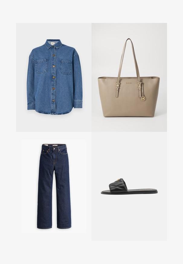 Camicia in denim di blu medio, con chiusura frontale a bottoni, due tasche sul petto e colletto. Maniche lunghe con polsini a bottone.; Jeans in denim blu scuro a gamba dritta con cinque tasche, cuciture arancioni e chiusura con bottoni.; Infradito neri imbottiti con suola piatta, caratterizzati da un accento dorato sulla fascia. Realizzati in materiale sintetico con una texture liscia.; Borsa tote in pelle beige con due tracolle, dettagli in hardware dorato e un'etichetta con un logo circolare. Texture liscia e design minimalista.