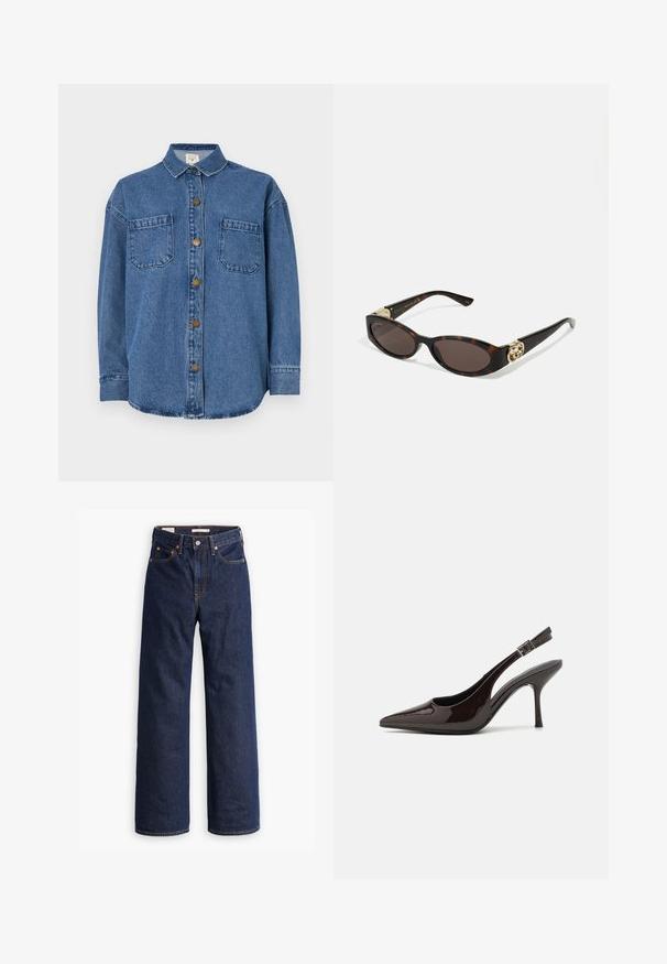 Camicia in denim di blu medio, con chiusura frontale a bottoni, due tasche sul petto e colletto. Maniche lunghe con polsini a bottone.; Jeans in denim blu scuro a gamba dritta con cinque tasche, cuciture arancioni e chiusura con bottoni.; Scarpa con tacco alto tipo slingback in pelle verniciata marrone scuro lucido, punta affusolata, lati aperti e cinturino alla caviglia regolabile.; Occhiali da sole tartarugati con lenti ovali allungate, tonalità marrone, accenti dorati con logo sulle tempie e aste nere eleganti.