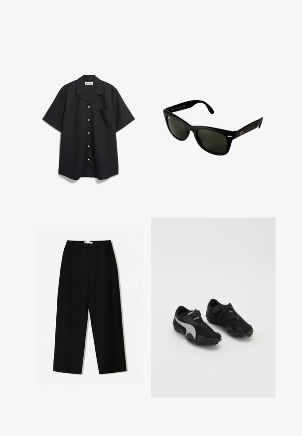 Zwart kortom sleeved shirt van een geweven stof, met een kraag, knoopsluiting, een enkele borstzak en witte knopen.; Witte katoenen tanktop met een ronde halslijn, brede schouderbanden en een rechte zoom, met een gladde textuur en zonder zichtbare patronen.; Zwarte wijde broek van textuurstof, met een elastische tailleband en zijzakken. Eenvoudig, minimalistisch ontwerp zonder versieringen.; Zwarte sportschoenen met gestructureerde zolen, een gestroomlijnde silhouet en een grijs accentontwerp; beschikt over een veilige sluitband en een vetersluiting.; Zwarte kunststof zonnebril met donkergroene lenzen. Het vierkante frameontwerp heeft zilveren accenten en een reliëflogo op de poot.; Zwarte leren schoudertas met een zachte, gladde textuur, gebogen bovenkant en een ronde bodem, gepresenteerd naast lichtgekleurde broeken.; Zilveren metalen polshorloge met een vierkante kast, witte wijzerplaat, Romeinse cijfers en een zilveren schakelarmband. Beschikt over een waterdicht ontwerp.