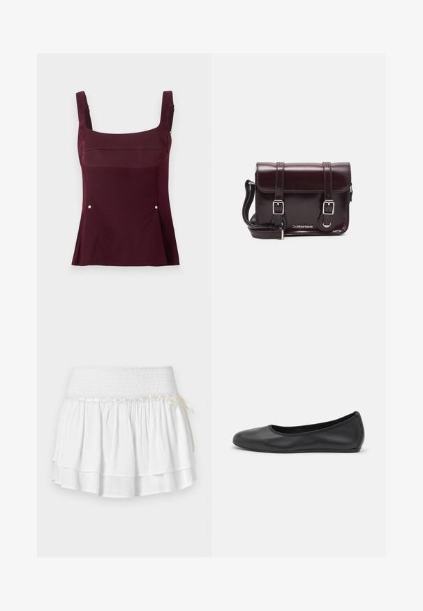 Stine Goya DOUBLE SIDED SLEEVELESS FITTED WAIST - Linne - aubergine; Vit lager-på-lager kjol med elastisk midja, med detaljer av texturerad smock och en dekorativ satinsnodd. Tillverkad av bomull.; Svart läderballerinaskor med rund tå, slät yta, minimala söm detaljer och en flexibel sula.; Burgundy lackläder crossbody-väska med rektangulär form, två remmar, silverfärgad hårdvara och klaffstängning.