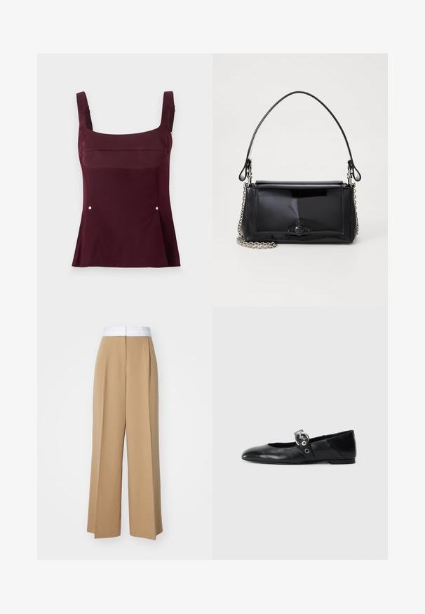 Stine Goya DOUBLE SIDED SLEEVELESS FITTED WAIST - Top - aubergine; Široke hlače iz svetlo rjave tkanine s kontrastnim belim pasom. Imajo čiste linije in brez vidnih vzorcev ali okrasitev.; Črne usnjene baletne balerinke s koničastim nosom, ki imajo trak z okroglo kovinsko zaponko in ravno podplat.; Črna lakirana usnjena torbica pravokotne oblike, s verižnim trakom in značilnim kovinskim detajlom na sredini. Gladka textura.