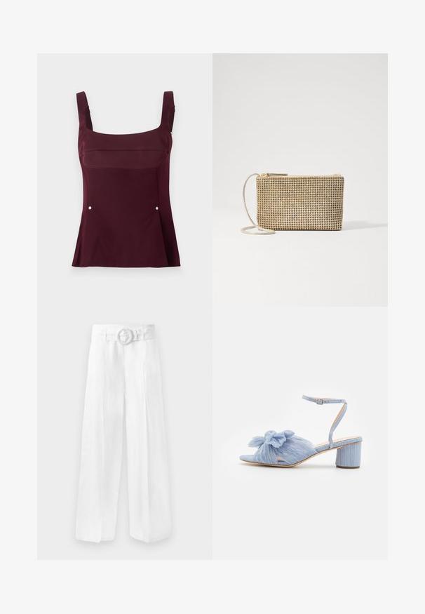 Stine Goya DOUBLE SIDED SLEEVELESS FITTED WAIST - Topper - aubergine; Vide benklær i hvit lin med belte i midjen og sirkelformet spenne. Glatt tekstur med løs passform, uten synlige mønstre.; Loeffler Randall DAHLIA BOW LOW HEEL - Sandaler - blue; Loeffler Randall YASMINE FLAT CLUTCH - Skulderveske - gold
